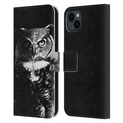 Stanley Morrison Black And White Great Horned Owl Leather Book Wallet Case Cover For Apple iPhone 15 Plus