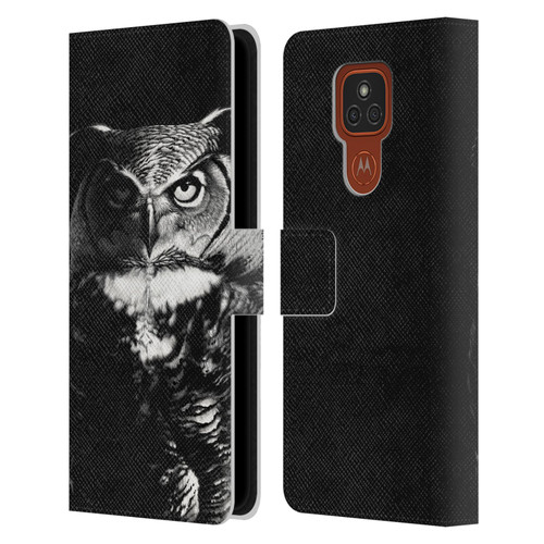 Stanley Morrison Black And White Great Horned Owl Leather Book Wallet Case Cover For Motorola Moto E7 Plus