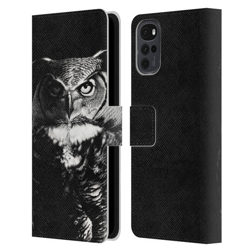 Stanley Morrison Black And White Great Horned Owl Leather Book Wallet Case Cover For Motorola Moto G22