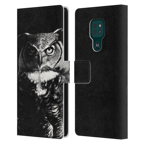 Stanley Morrison Black And White Great Horned Owl Leather Book Wallet Case Cover For Motorola Moto G9 Play