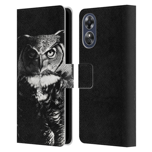 Stanley Morrison Black And White Great Horned Owl Leather Book Wallet Case Cover For OPPO A17