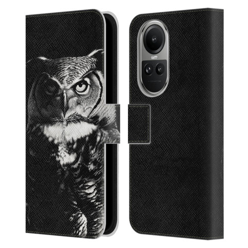 Stanley Morrison Black And White Great Horned Owl Leather Book Wallet Case Cover For OPPO Reno10 5G / Reno10 Pro 5G