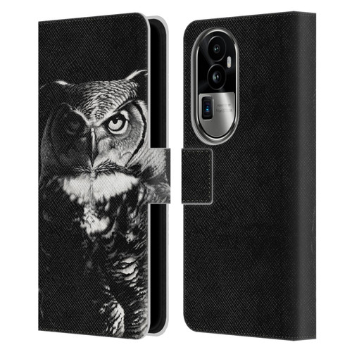 Stanley Morrison Black And White Great Horned Owl Leather Book Wallet Case Cover For OPPO Reno10 Pro+