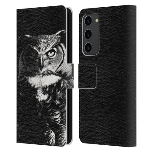 Stanley Morrison Black And White Great Horned Owl Leather Book Wallet Case Cover For Samsung Galaxy S23+ 5G