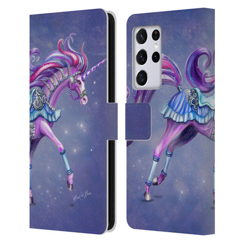 Rose Khan Unicorns Purple Carousel Horse Leather Book Wallet Case Cover For Samsung Galaxy S21 Ultra 5G