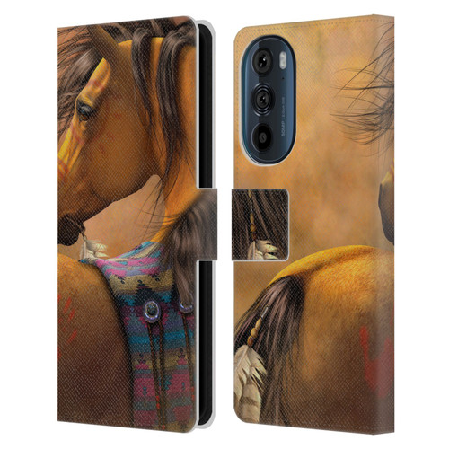 Laurie Prindle Western Stallion Kiowa Gold Leather Book Wallet Case Cover For Motorola Edge 30