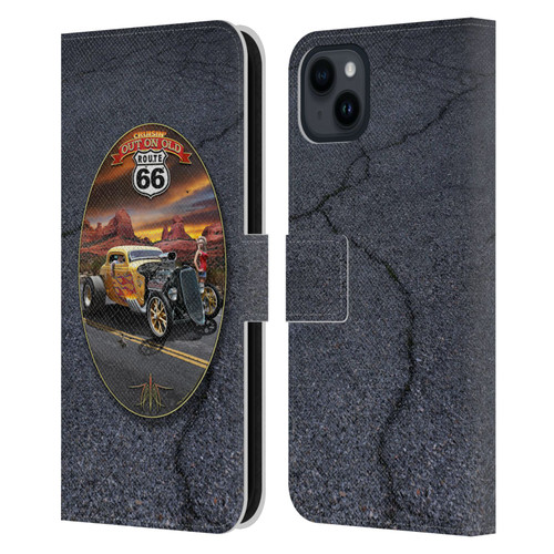 Larry Grossman Retro Collection Route 66 Hot Rod Coupe Leather Book Wallet Case Cover For Apple iPhone 15 Plus