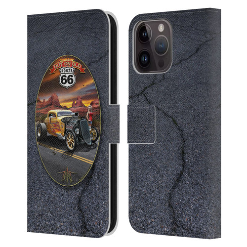 Larry Grossman Retro Collection Route 66 Hot Rod Coupe Leather Book Wallet Case Cover For Apple iPhone 15 Pro Max