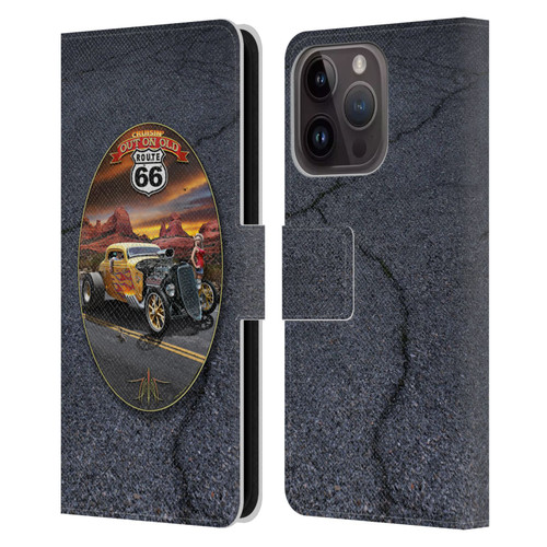 Larry Grossman Retro Collection Route 66 Hot Rod Coupe Leather Book Wallet Case Cover For Apple iPhone 15 Pro