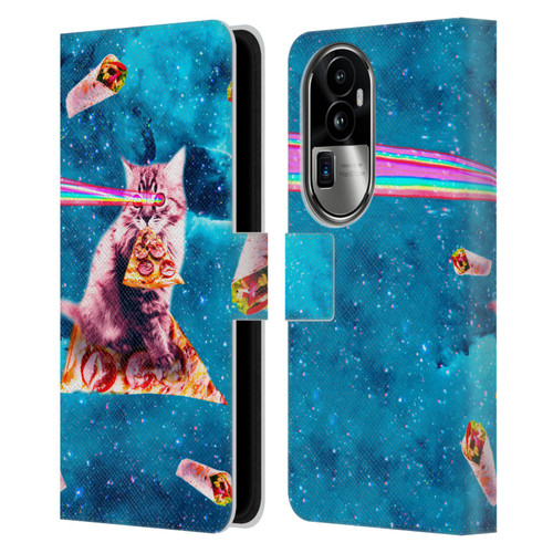 Random Galaxy Space Cat Lazer Eye & Pizza Leather Book Wallet Case Cover For OPPO Reno10 Pro+