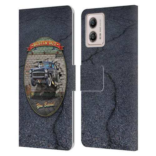 Larry Grossman Retro Collection Bustin' Out '55 Gasser Leather Book Wallet Case Cover For Motorola Moto G53 5G