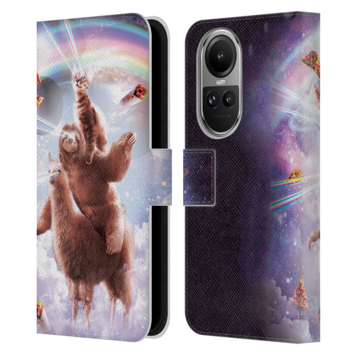 Random Galaxy Space Llama Sloth & Cat Lazer Eyes Leather Book Wallet Case Cover For OPPO Reno10 5G / Reno10 Pro 5G