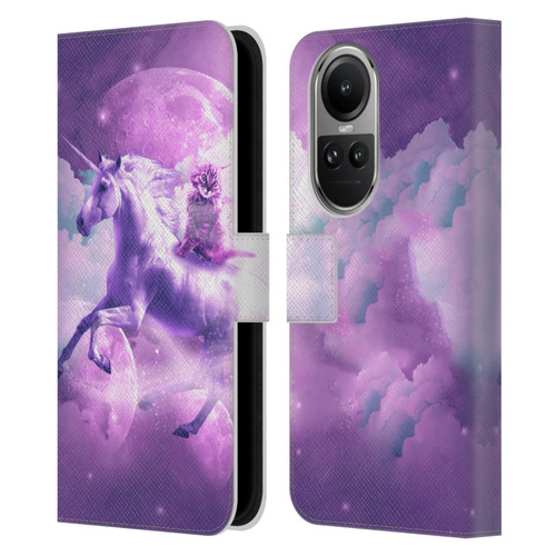 Random Galaxy Space Unicorn Ride Purple Galaxy Cat Leather Book Wallet Case Cover For OPPO Reno10 5G / Reno10 Pro 5G