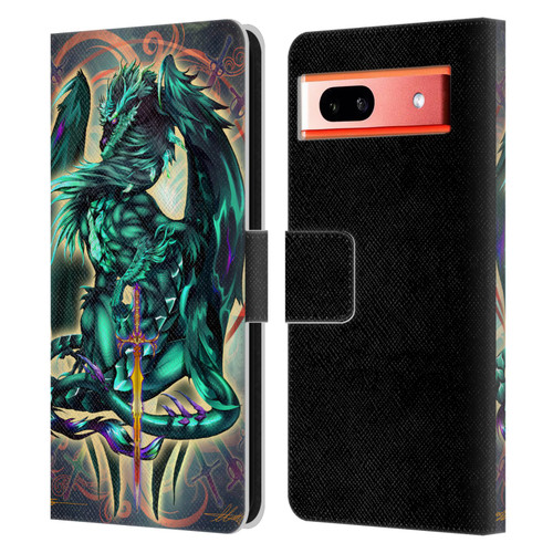 Ruth Thompson Art Tribal Green Dragon With Sword Leather Book Wallet Case Cover For Google Pixel 7a