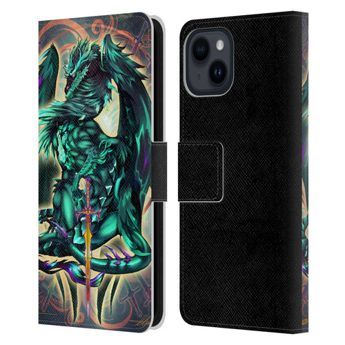 Ruth Thompson Art Tribal Green Dragon With Sword Leather Book Wallet Case Cover For Apple iPhone 15