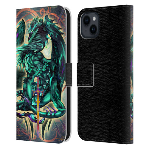 Ruth Thompson Art Tribal Green Dragon With Sword Leather Book Wallet Case Cover For Apple iPhone 15 Plus