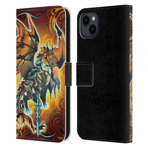 Ruth Thompson Art Tribal Orange Dragon & Sword Leather Book Wallet Case Cover For Apple iPhone 15 Plus