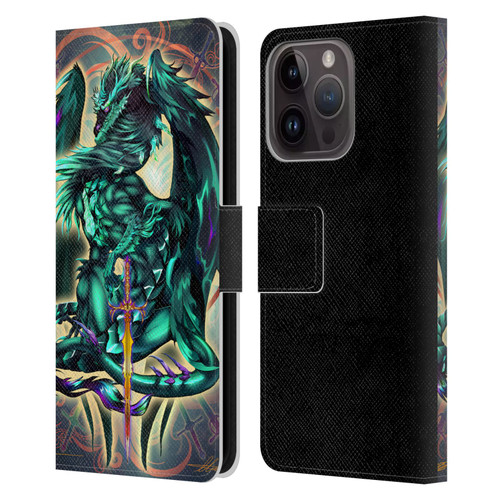 Ruth Thompson Art Tribal Green Dragon With Sword Leather Book Wallet Case Cover For Apple iPhone 15 Pro