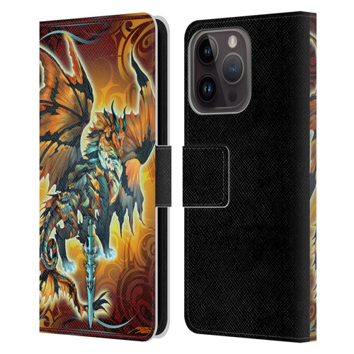 Ruth Thompson Art Tribal Orange Dragon & Sword Leather Book Wallet Case Cover For Apple iPhone 15 Pro