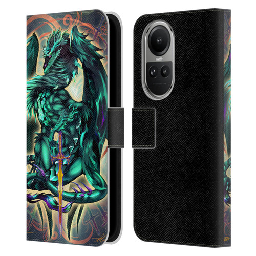 Ruth Thompson Art Tribal Green Dragon With Sword Leather Book Wallet Case Cover For OPPO Reno10 5G / Reno10 Pro 5G