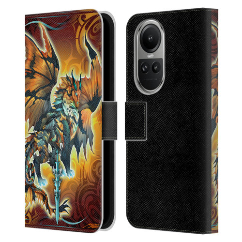 Ruth Thompson Art Tribal Orange Dragon & Sword Leather Book Wallet Case Cover For OPPO Reno10 5G / Reno10 Pro 5G