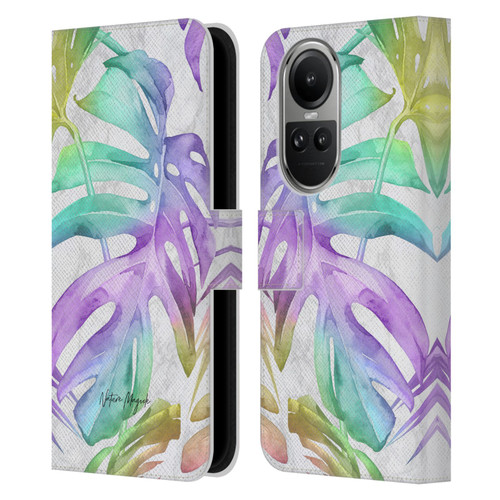 Nature Magick Tropical Palm Leaves On Marble Rainbow Leaf Leather Book Wallet Case Cover For OPPO Reno10 5G / Reno10 Pro 5G