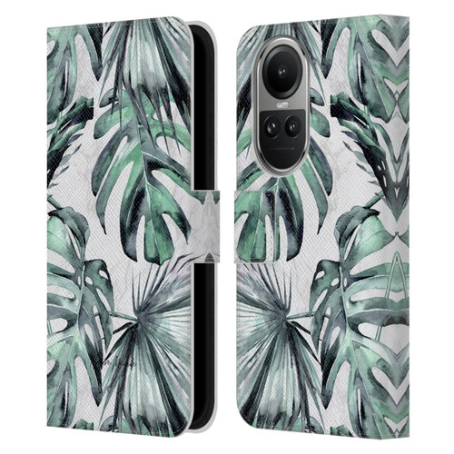 Nature Magick Tropical Palm Leaves On Marble Turquoise Green Island Leather Book Wallet Case Cover For OPPO Reno10 5G / Reno10 Pro 5G