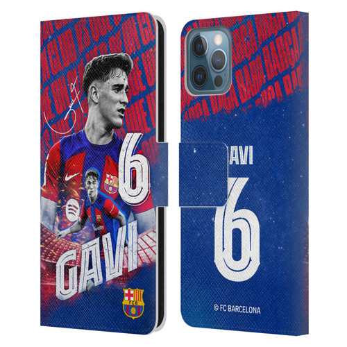 FC Barcelona 2023/24 First Team Gavi Leather Book Wallet Case Cover For Apple iPhone 12 / iPhone 12 Pro