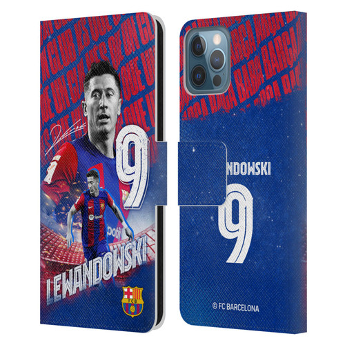 FC Barcelona 2023/24 First Team Robert Lewandowski Leather Book Wallet Case Cover For Apple iPhone 12 / iPhone 12 Pro