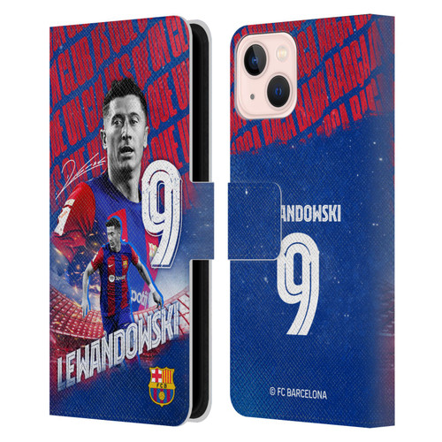 FC Barcelona 2023/24 First Team Robert Lewandowski Leather Book Wallet Case Cover For Apple iPhone 13