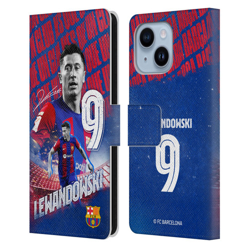 FC Barcelona 2023/24 First Team Robert Lewandowski Leather Book Wallet Case Cover For Apple iPhone 14 Plus