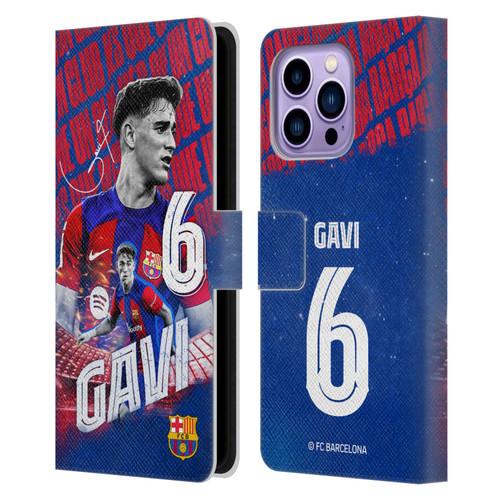 FC Barcelona 2023/24 First Team Gavi Leather Book Wallet Case Cover For Apple iPhone 14 Pro Max