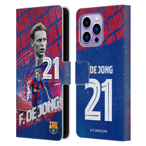 FC Barcelona 2023/24 First Team Frenkie de Jong Leather Book Wallet Case Cover For Apple iPhone 14 Pro Max