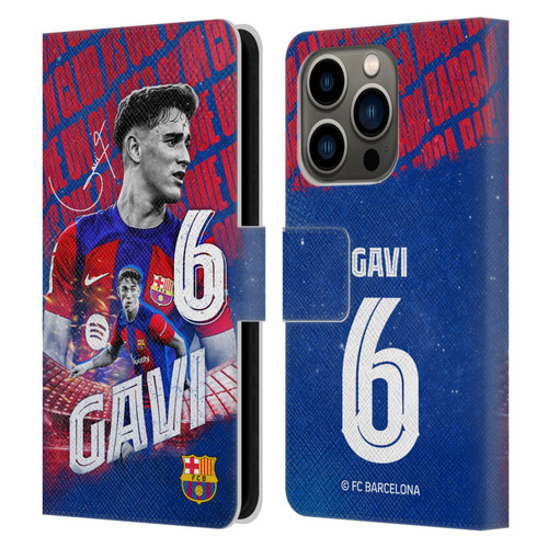 FC Barcelona 2023/24 First Team Gavi Leather Book Wallet Case Cover For Apple iPhone 14 Pro