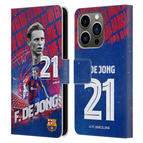 FC Barcelona 2023/24 First Team Frenkie de Jong Leather Book Wallet Case Cover For Apple iPhone 14 Pro
