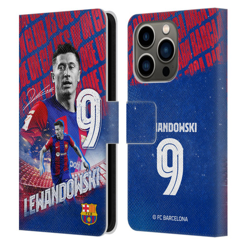 FC Barcelona 2023/24 First Team Robert Lewandowski Leather Book Wallet Case Cover For Apple iPhone 14 Pro