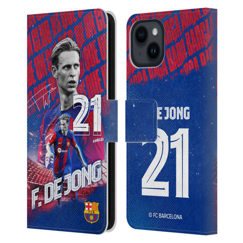 FC Barcelona 2023/24 First Team Frenkie de Jong Leather Book Wallet Case Cover For Apple iPhone 15