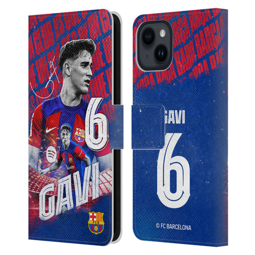 FC Barcelona 2023/24 First Team Gavi Leather Book Wallet Case Cover For Apple iPhone 15