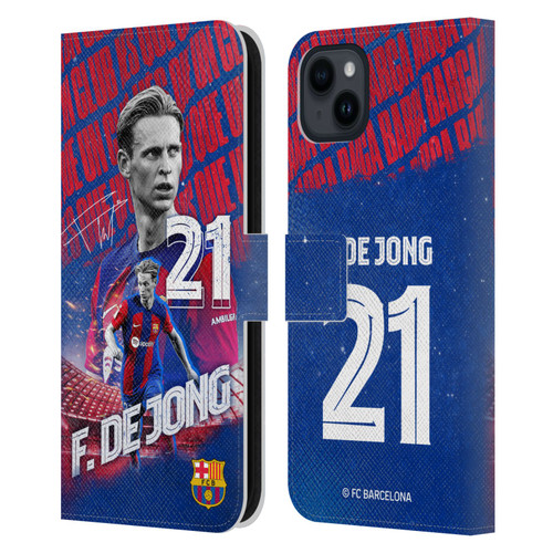 FC Barcelona 2023/24 First Team Frenkie de Jong Leather Book Wallet Case Cover For Apple iPhone 15 Plus