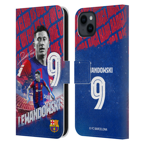 FC Barcelona 2023/24 First Team Robert Lewandowski Leather Book Wallet Case Cover For Apple iPhone 15 Plus