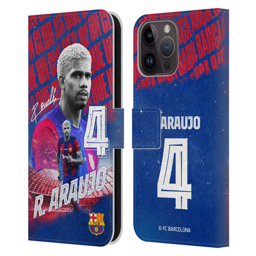 FC Barcelona 2023/24 First Team Ronald Araújo Leather Book Wallet Case Cover For Apple iPhone 15 Pro Max
