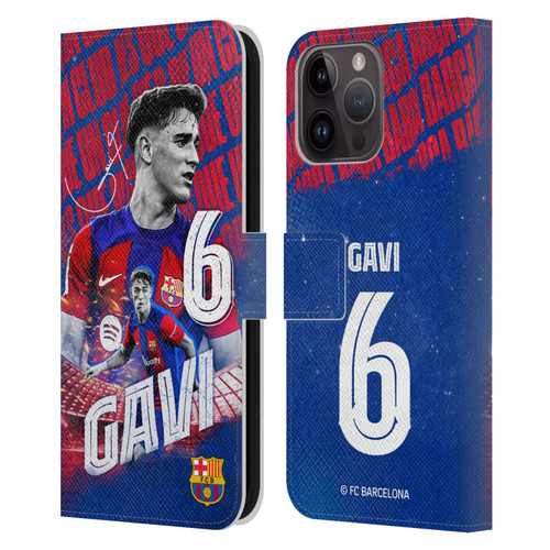 FC Barcelona 2023/24 First Team Gavi Leather Book Wallet Case Cover For Apple iPhone 15 Pro Max