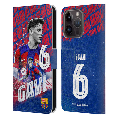 FC Barcelona 2023/24 First Team Gavi Leather Book Wallet Case Cover For Apple iPhone 15 Pro