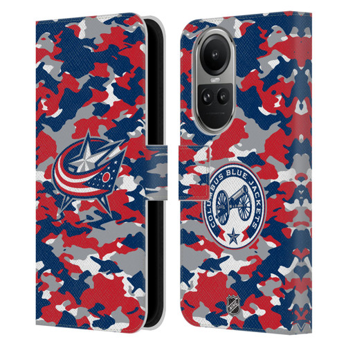 NHL Columbus Blue Jackets Camouflage Leather Book Wallet Case Cover For OPPO Reno10 5G / Reno10 Pro 5G