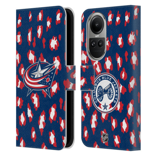 NHL Columbus Blue Jackets Leopard Patten Leather Book Wallet Case Cover For OPPO Reno10 5G / Reno10 Pro 5G