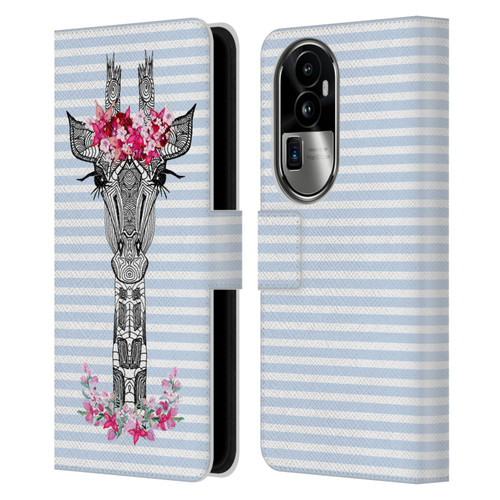 Monika Strigel Flower Giraffe And Stripes Blue Leather Book Wallet Case Cover For OPPO Reno10 Pro+