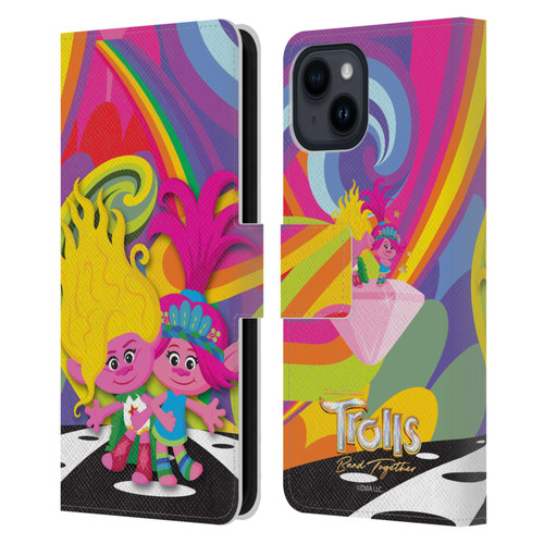 Trolls 3: Band Together Art Poppy And Viva Leather Book Wallet Case Cover For Apple iPhone 15