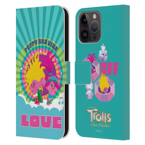 Trolls 3: Band Together Art Love Leather Book Wallet Case Cover For Apple iPhone 15 Pro Max