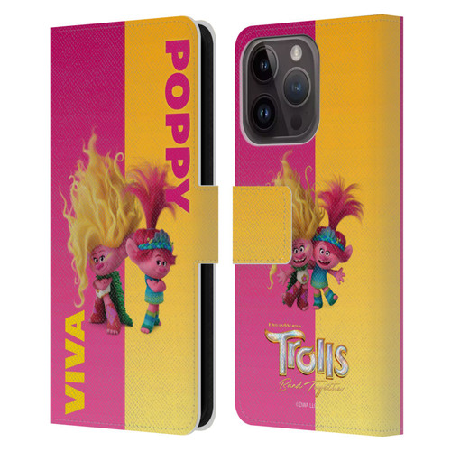 Trolls 3: Band Together Art Half Leather Book Wallet Case Cover For Apple iPhone 15 Pro