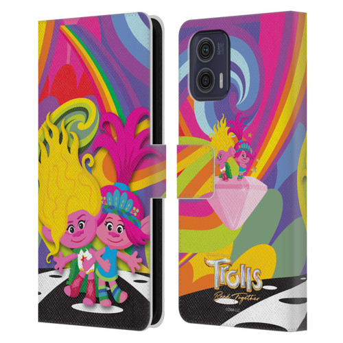 Trolls 3: Band Together Art Poppy And Viva Leather Book Wallet Case Cover For Motorola Moto G73 5G